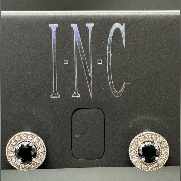 INC Silver Tone Post Earnings W/ Black Crystal surrounded by Clear Crystal .5 in - Picture 1 of 6